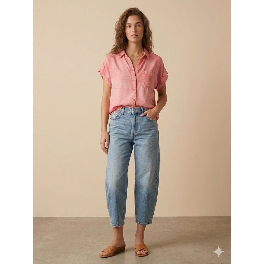 Velvet Heart Pink Tencel Button Down Shirt | Boho Coastal Summer Blouse